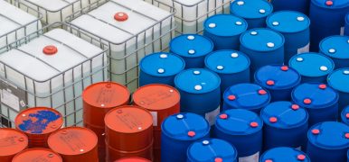 Samutprakan Bang Pu Industrial Estate Thailand - SEPTEMBER 6 th, 2017: oil barrels or chemical drums blue  white and red stacked up